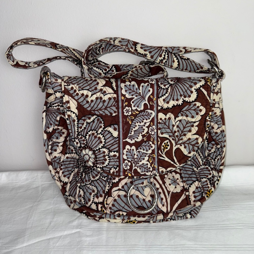 Vera Bradley Crossbody Shoulder Bag Brown Floral Quilted Fabric Purse
